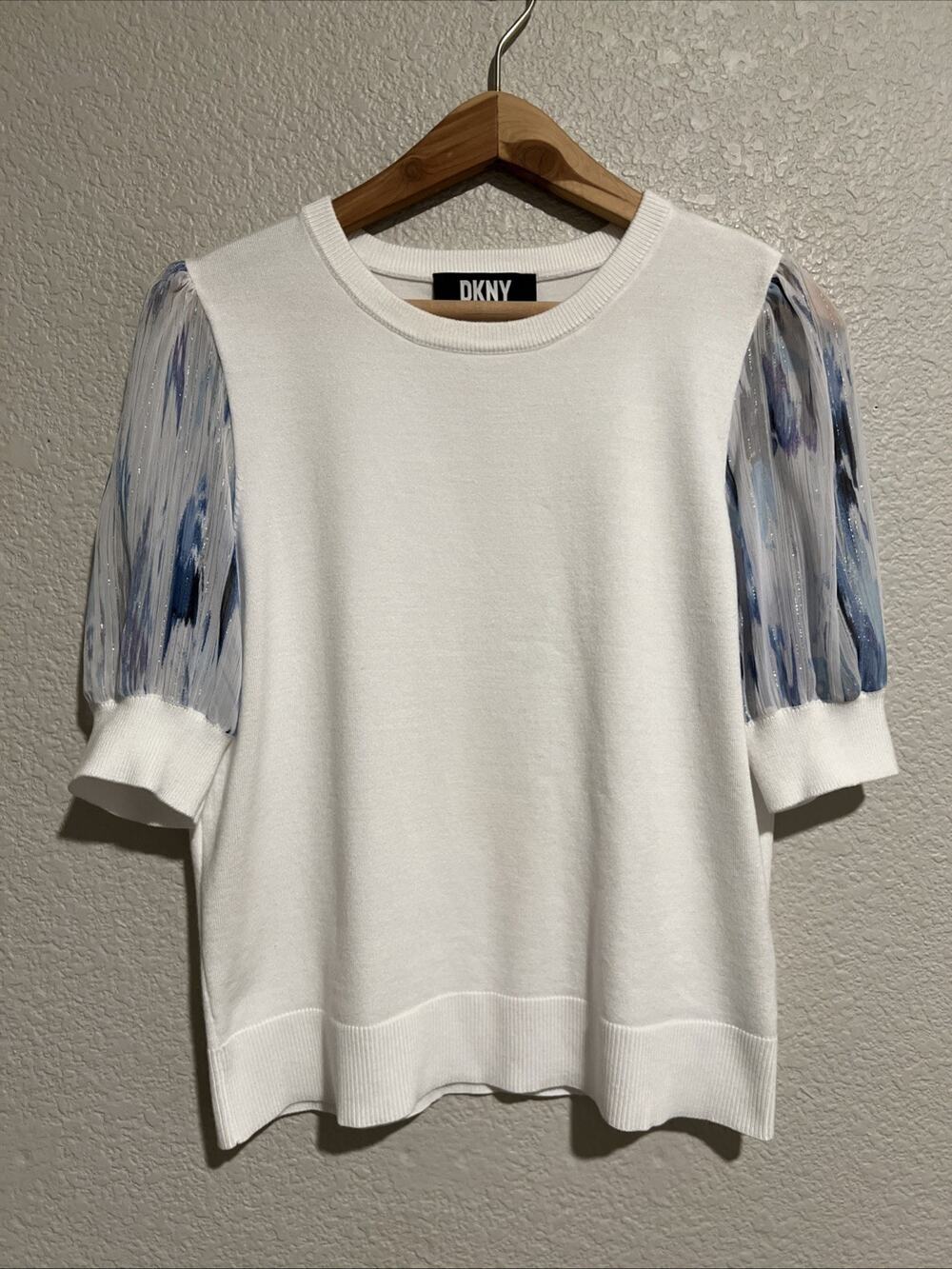 NEW DKNY Blouse Minimalist Luxury Old Money White Knit Career Top Sheer Sleeve S